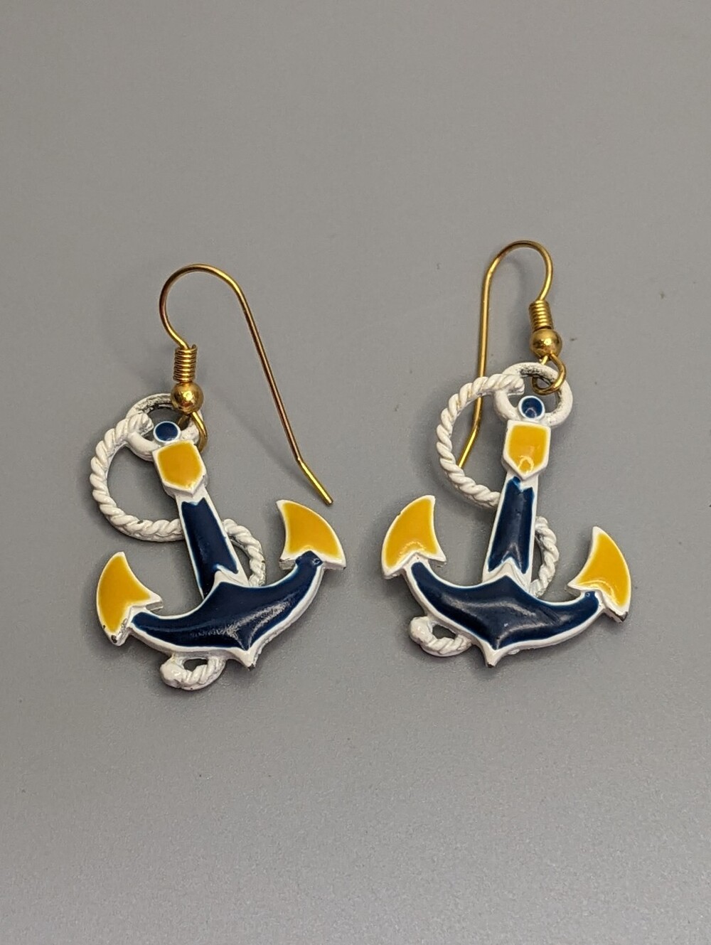 Vintage Enamel Anchor Earrings Nautical Blue Gold Rope Detail Heavy Quality Pair